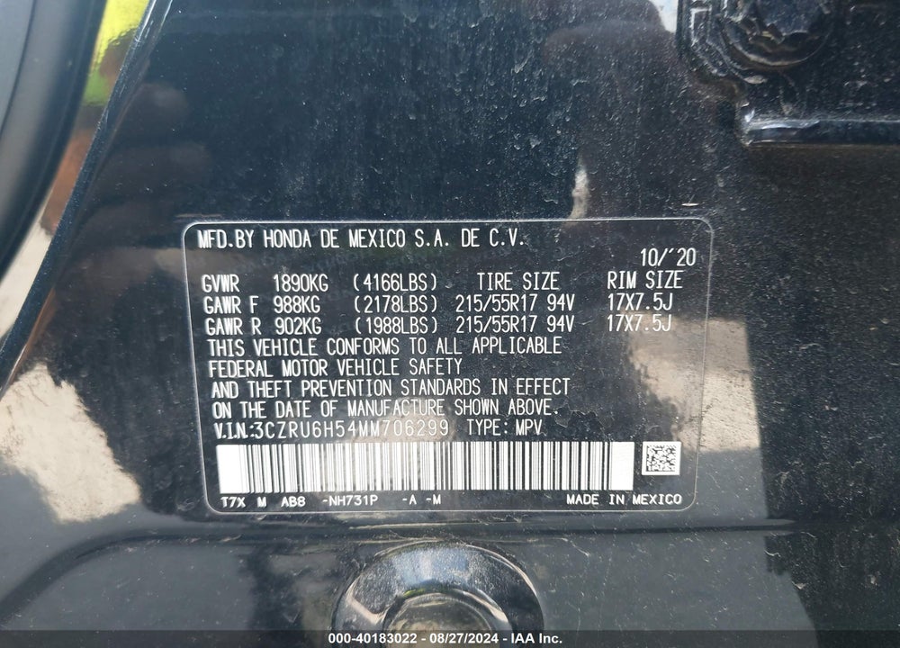 2021 HONDA HR-V AWD EX VIN: 3CZRU6H54MM706299
