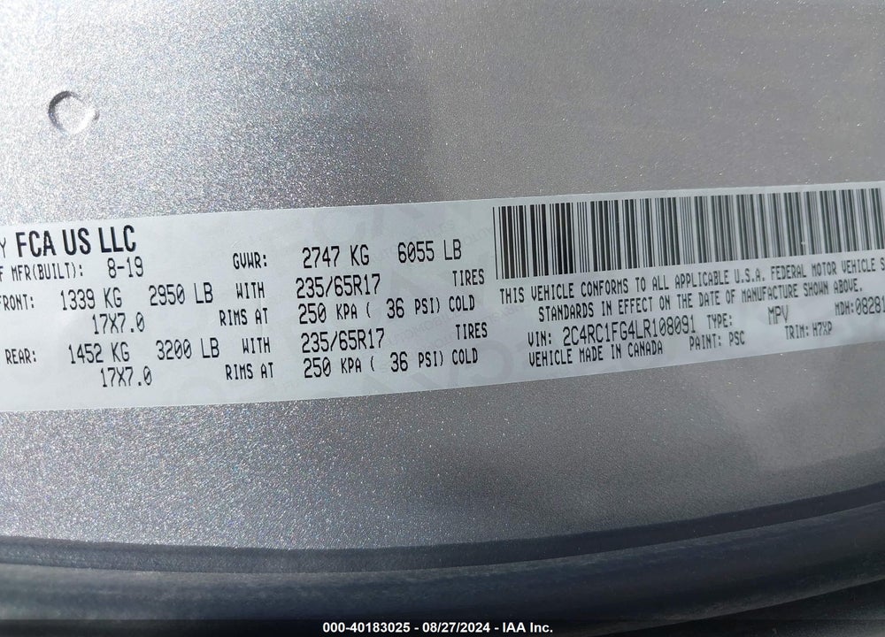2020 CHRYSLER PACIFICA TOURING VIN: 2C4RC1FG4LR108091