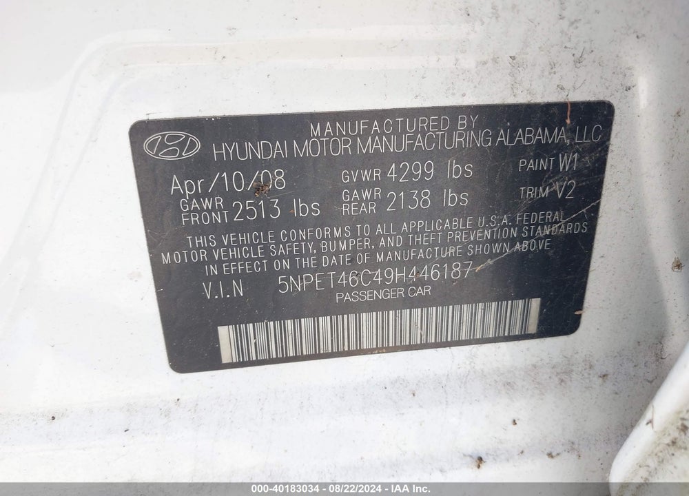 2009 HYUNDAI SONATA GLS VIN: 5NPET46C49H446187