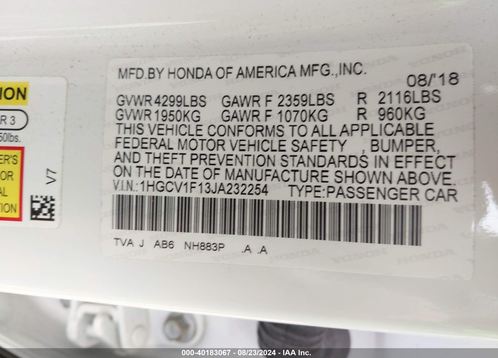 2018 HONDA ACCORD LX VIN: 1HGCV1F13JA232254