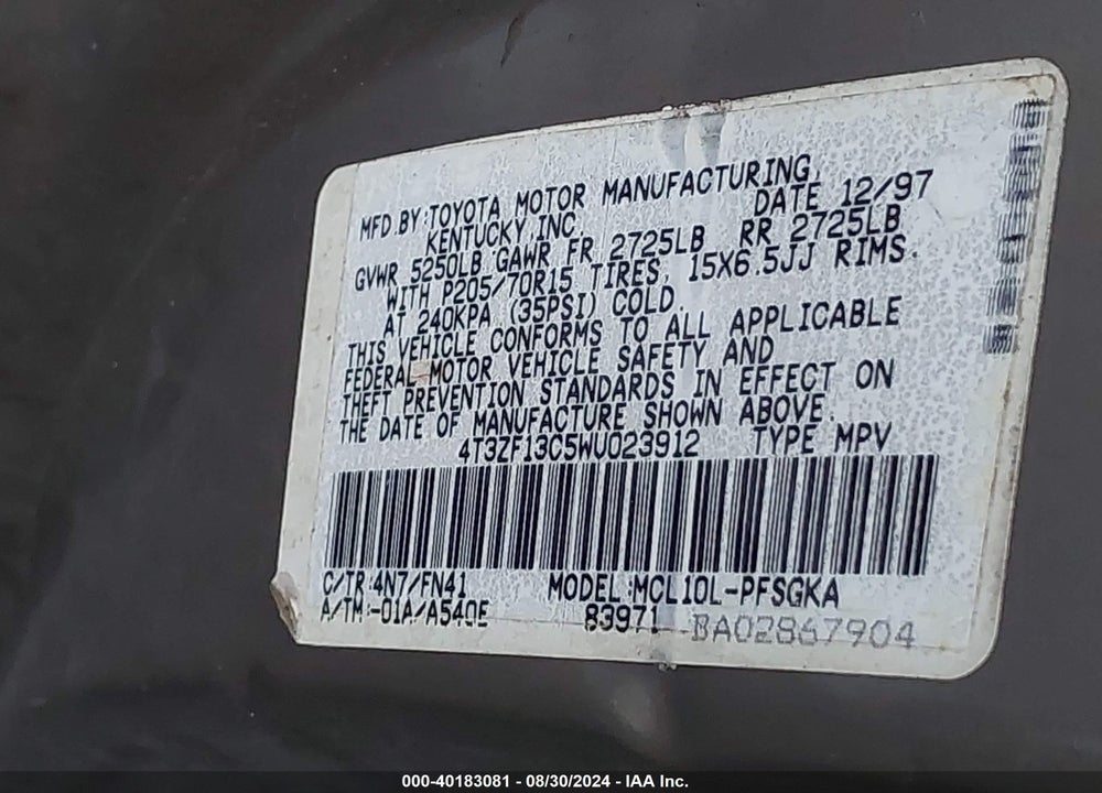 1998 TOYOTA SIENNA VIN: 4T3ZF13C5WU023912