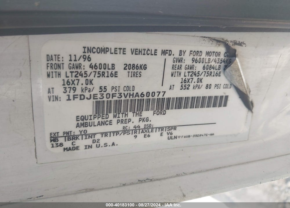 1997 FORD ECONOLINE E350 CUTAWAY VAN VIN: 1FDJE30F3VHA60077