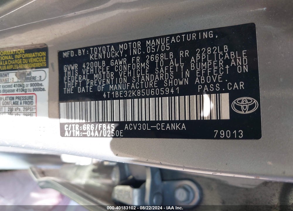 2005 TOYOTA CAMRY LE VIN: 4T1BE32K85U605941
