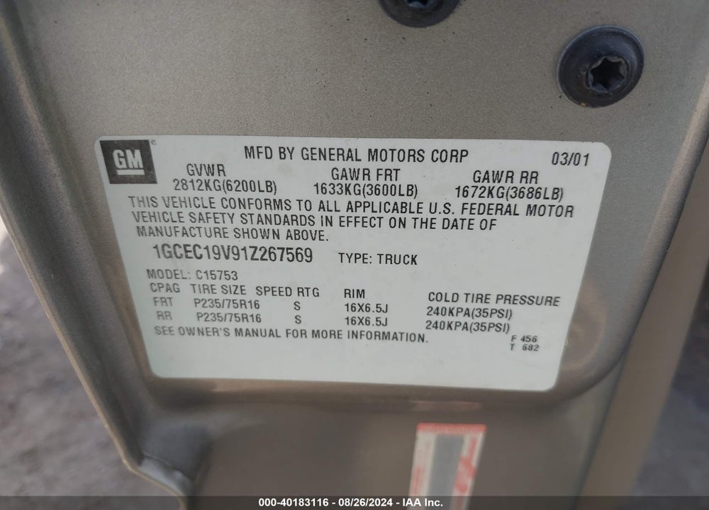 2001 CHEVROLET SILVERADO 1500 VIN: 1GCEC19V91Z267569