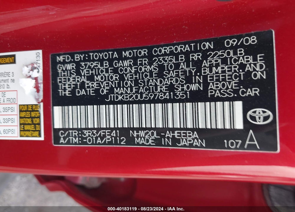 2009 TOYOTA PRIUS VIN: JTDKB20U597841351