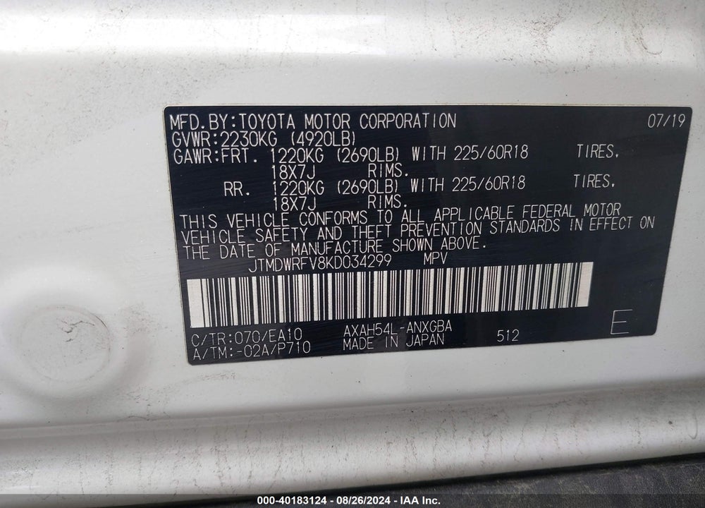 2019 TOYOTA RAV4 HYBRID LIMITED VIN: JTMDWRFV8KD034299