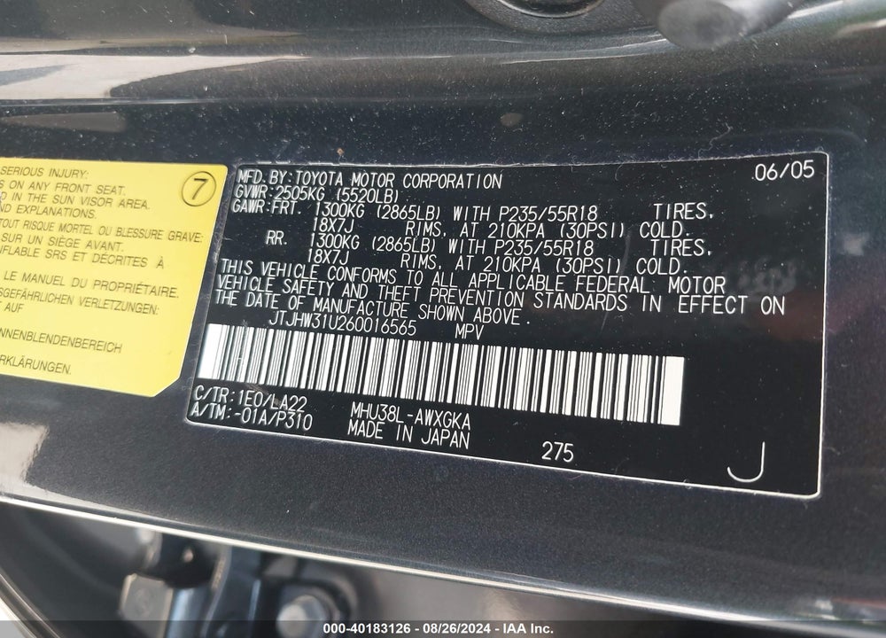 2006 LEXUS RX 400H VIN: JTJHW31U260016565