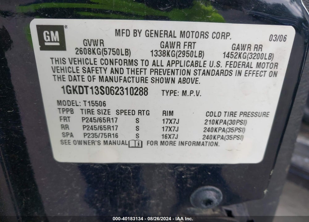 2006 GMC ENVOY SLE VIN: 1GKDT13S062310288