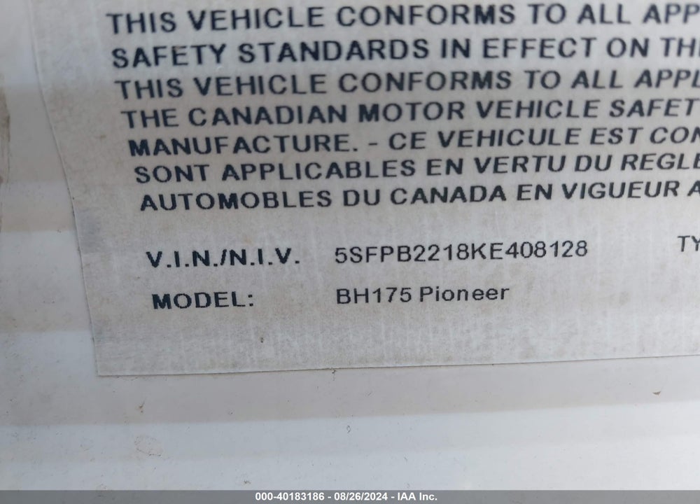 2019 HEARTLAND RV TRL VIN: 5SFPB2218KE408128