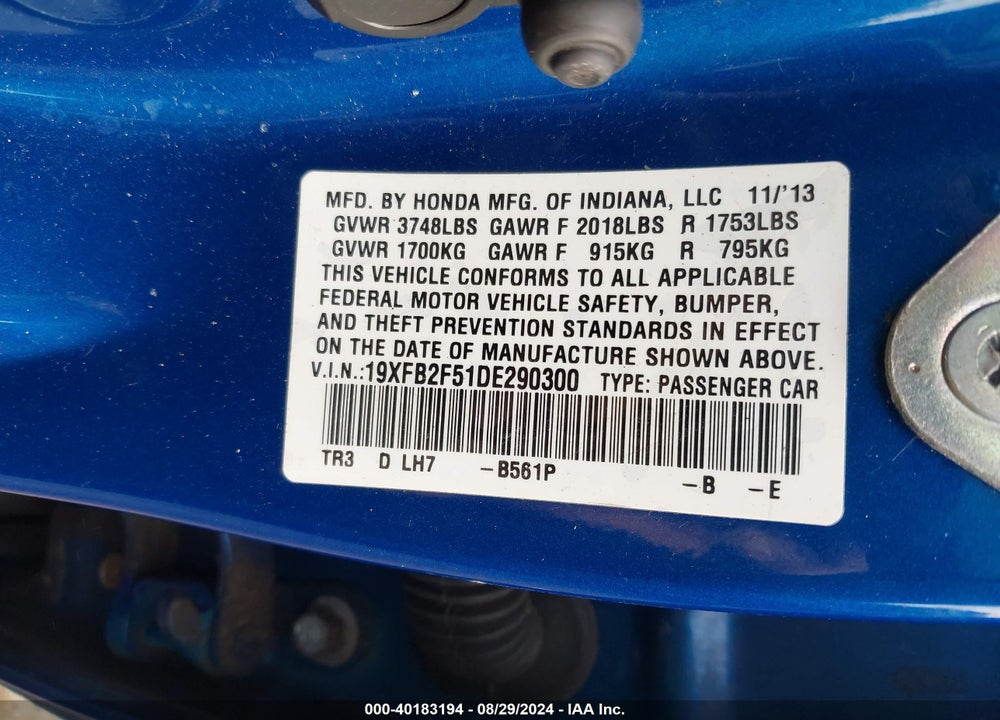 2013 HONDA CIVIC LX VIN: 19XFB2F51DE290300