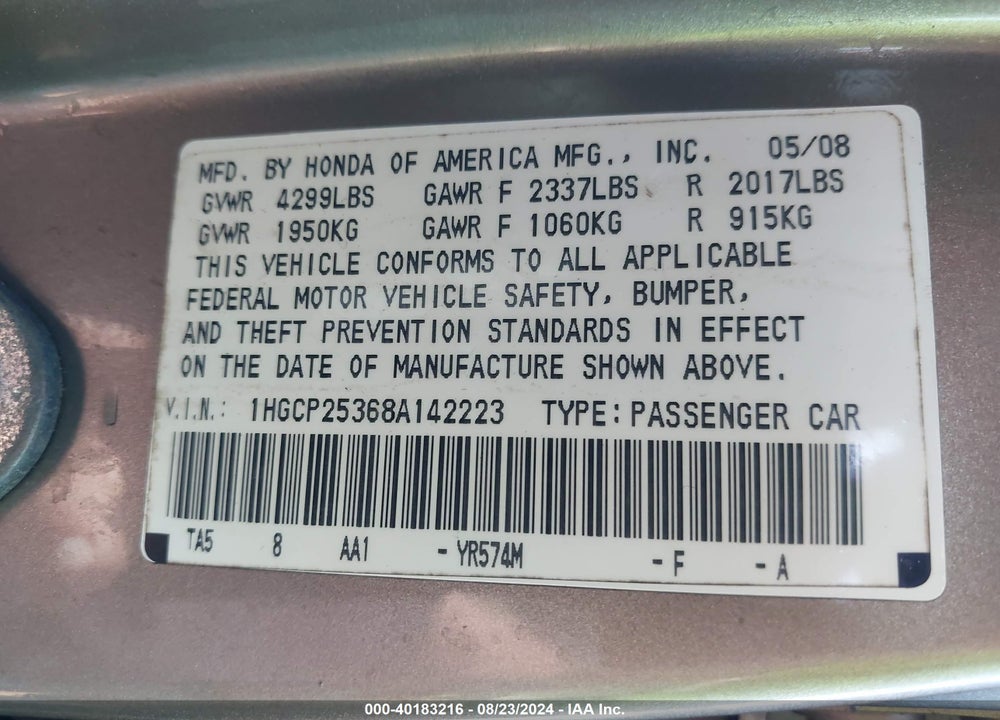 2008 HONDA ACCORD 2.4 LX VIN: 1HGCP25368A142223