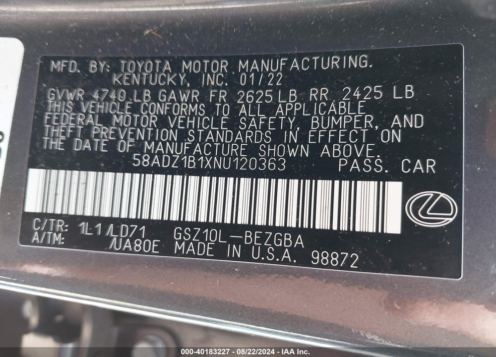 2022 LEXUS ES 350 VIN: 58ADZ1B1XNU120363