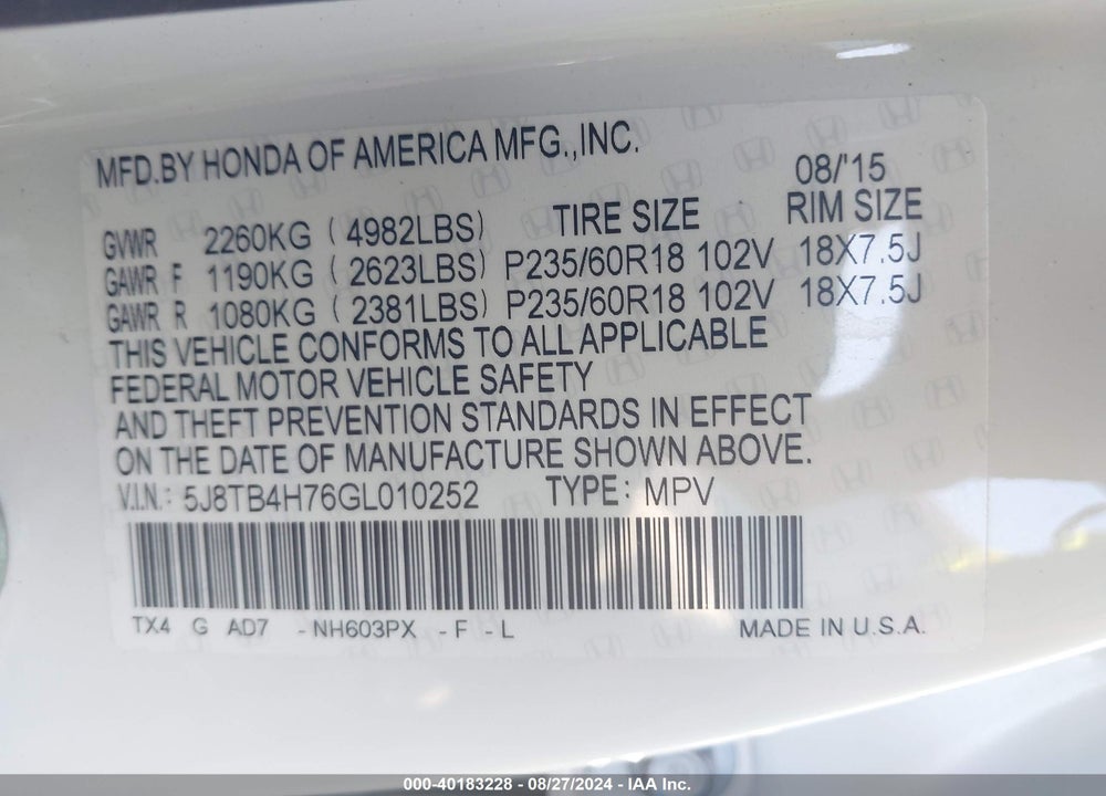 2016 ACURA RDX ADVANCE PACKAGE VIN: 5J8TB4H76GL010252