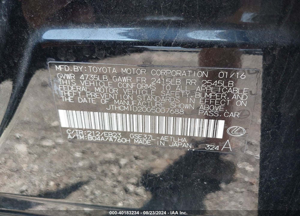 2016 LEXUS IS 300 VIN: JTHCM1D20G5007688