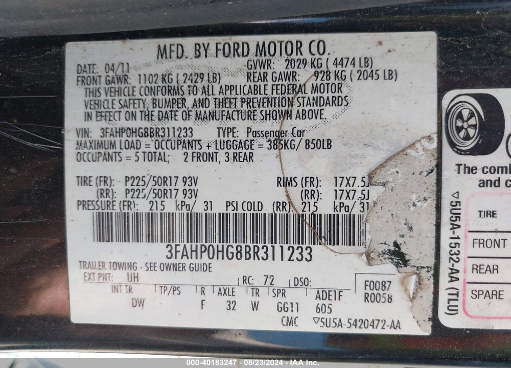 2011 FORD FUSION SE VIN: 3FAHP0HG8BR311233