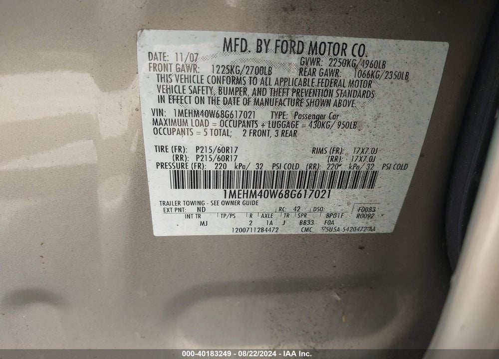 2008 MERCURY SABLE VIN: 1MEHM40W68G617021