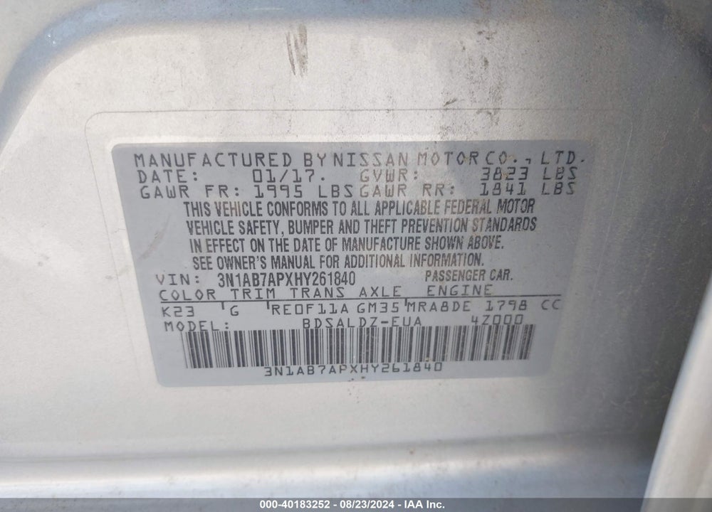 2017 NISSAN SENTRA SV VIN: 3N1AB7APXHY261840