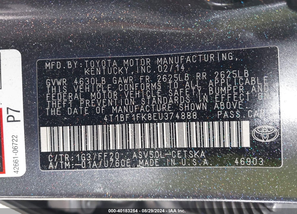 2014 TOYOTA CAMRY SE VIN: 4T1BF1FK8EU374888