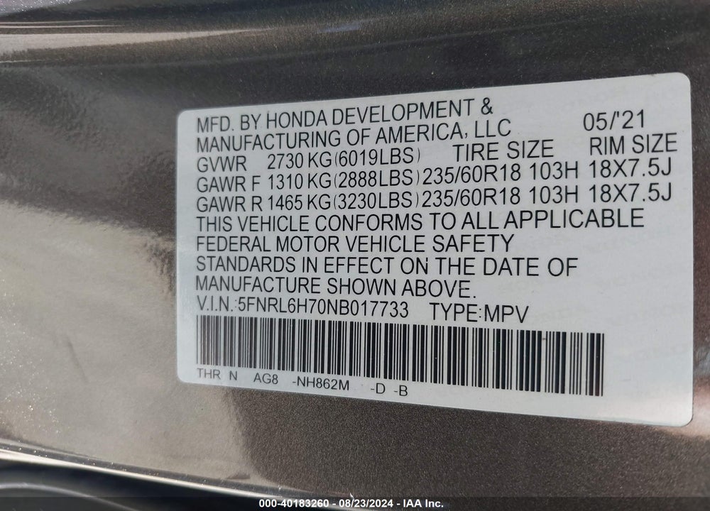 2022 HONDA ODYSSEY EX-L VIN: 5FNRL6H70NB017733