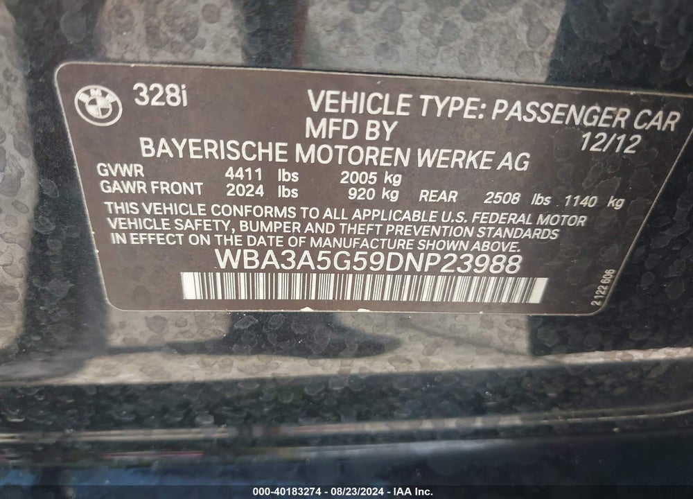 2013 BMW 328I VIN: WBA3A5G59DNP23988