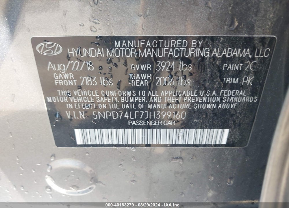 2018 HYUNDAI ELANTRA SE VIN: 5NPD74LF7JH399160