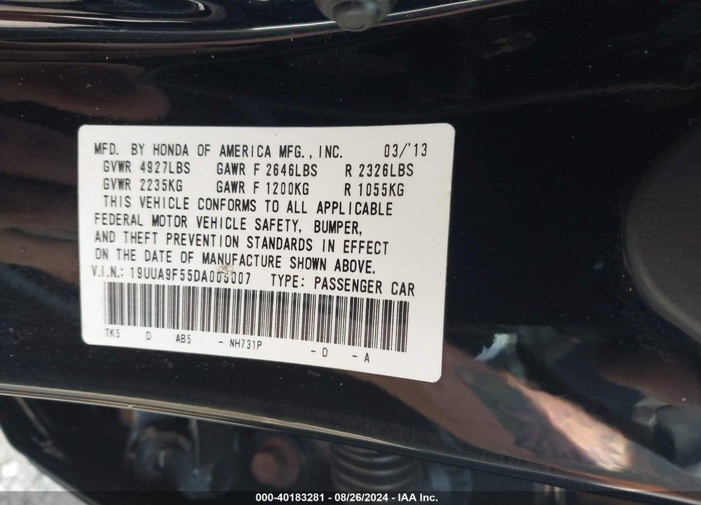 2013 ACURA TL 3.7 VIN: 19UUA9F55DA005007