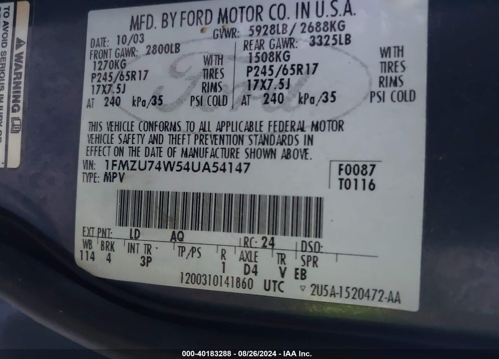 2004 FORD EXPLORER EDDIE BAUER VIN: 1FMZU74W54UA54147