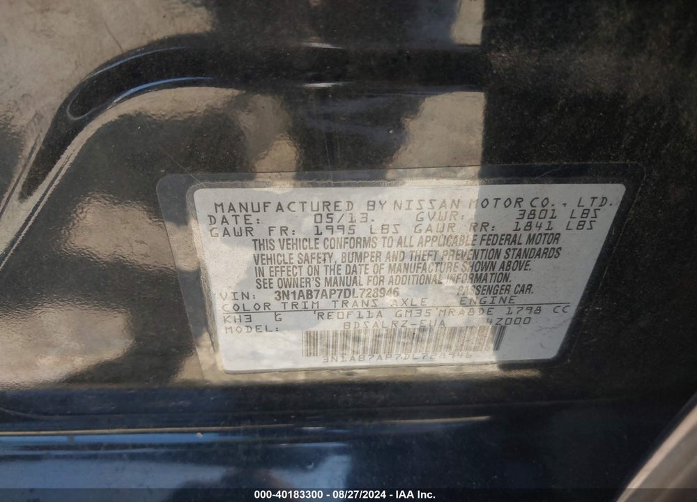 2013 NISSAN SENTRA SR VIN: 3N1AB7AP7DL728946