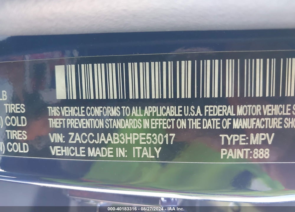 2017 JEEP RENEGADE SPORT FWD VIN: ZACCJAAB3HPE53017
