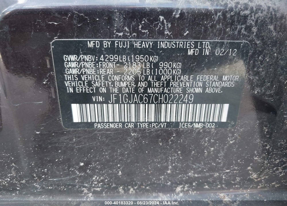 2012 SUBARU IMPREZA 2.0I PREMIUM VIN: JF1GJAC67CH022249