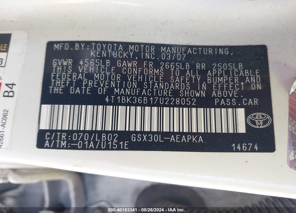 2007 TOYOTA AVALON LIMITED VIN: 4T1BK36B17U228052