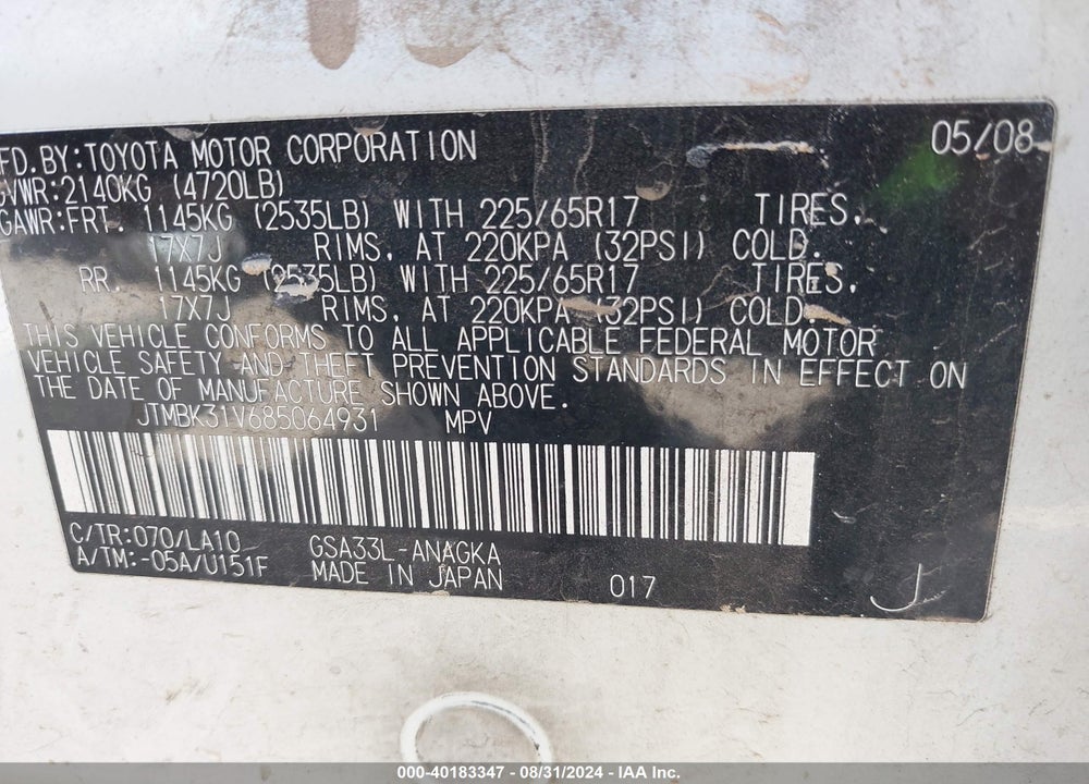 2008 TOYOTA RAV4 LIMITED V6 VIN: JTMBK31V685064931