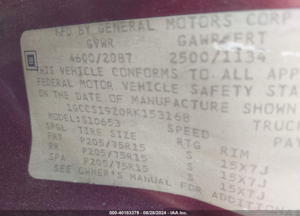 1994 CHEVROLET S TRUCK S10 VIN: 1GCCS19Z0RK153168