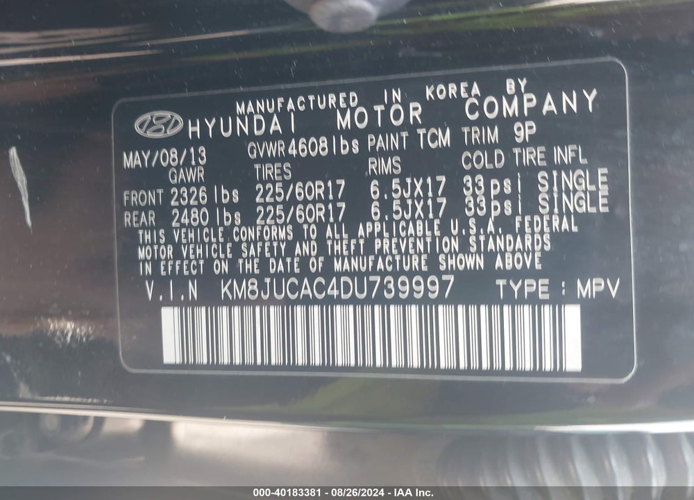 2013 HYUNDAI TUCSON GLS VIN: KM8JUCAC4DU739997