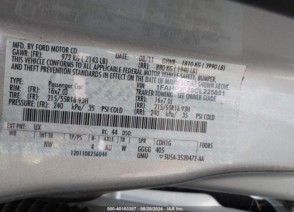 2012 FORD FOCUS SE VIN: 1FAHP3F28CL225851
