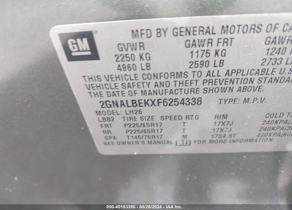 2015 CHEVROLET EQUINOX 1LT VIN: 2GNALBEKXF6254338