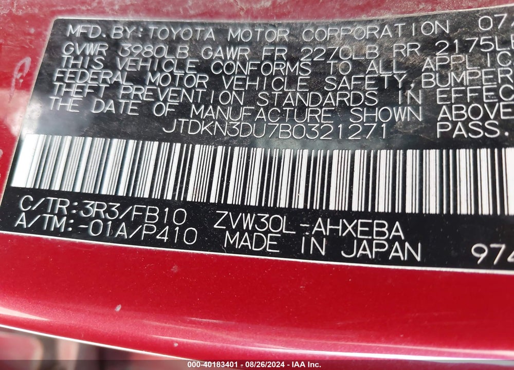 2011 TOYOTA PRIUS TWO VIN: JTDKN3DU7B0321271