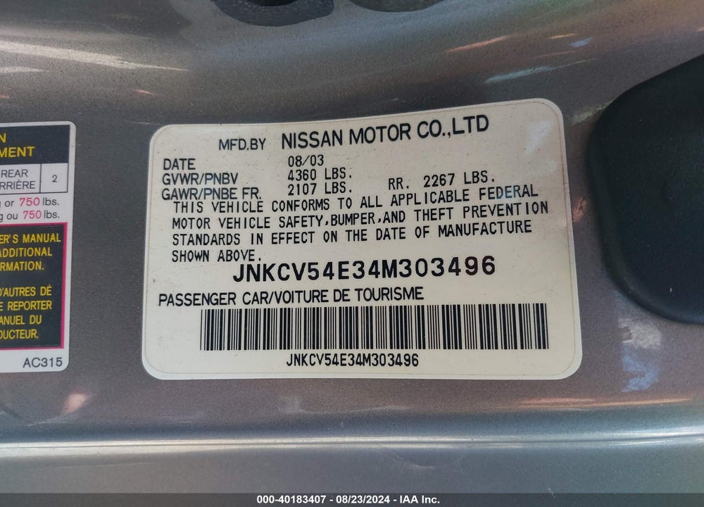 2004 INFINITI G35 VIN: JNKCV54E34M303496