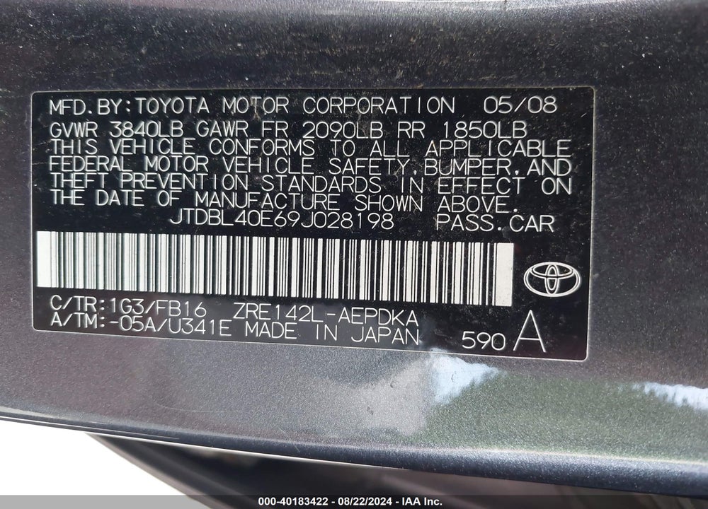 2009 TOYOTA COROLLA LE VIN: JTDBL40E69J028198