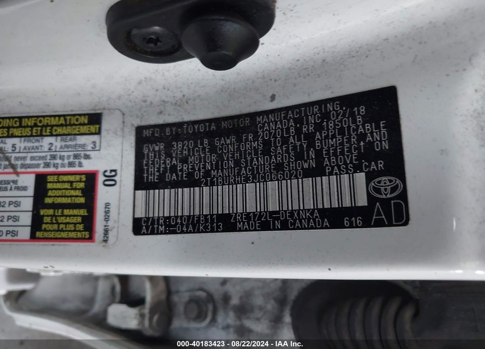 2018 TOYOTA COROLLA LE VIN: 2T1BURHE3JC066020