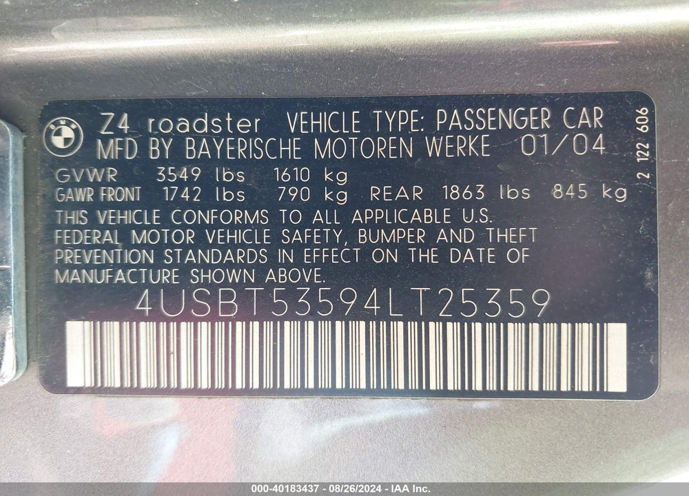 2004 BMW Z4 3.0I VIN: 4USBT53594LT25359