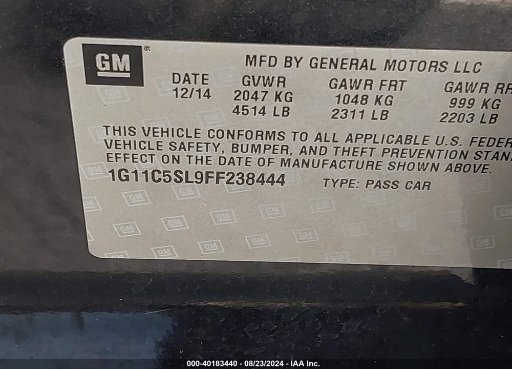 2015 CHEVROLET MALIBU 1LT VIN: 1G11C5SL9FF238444
