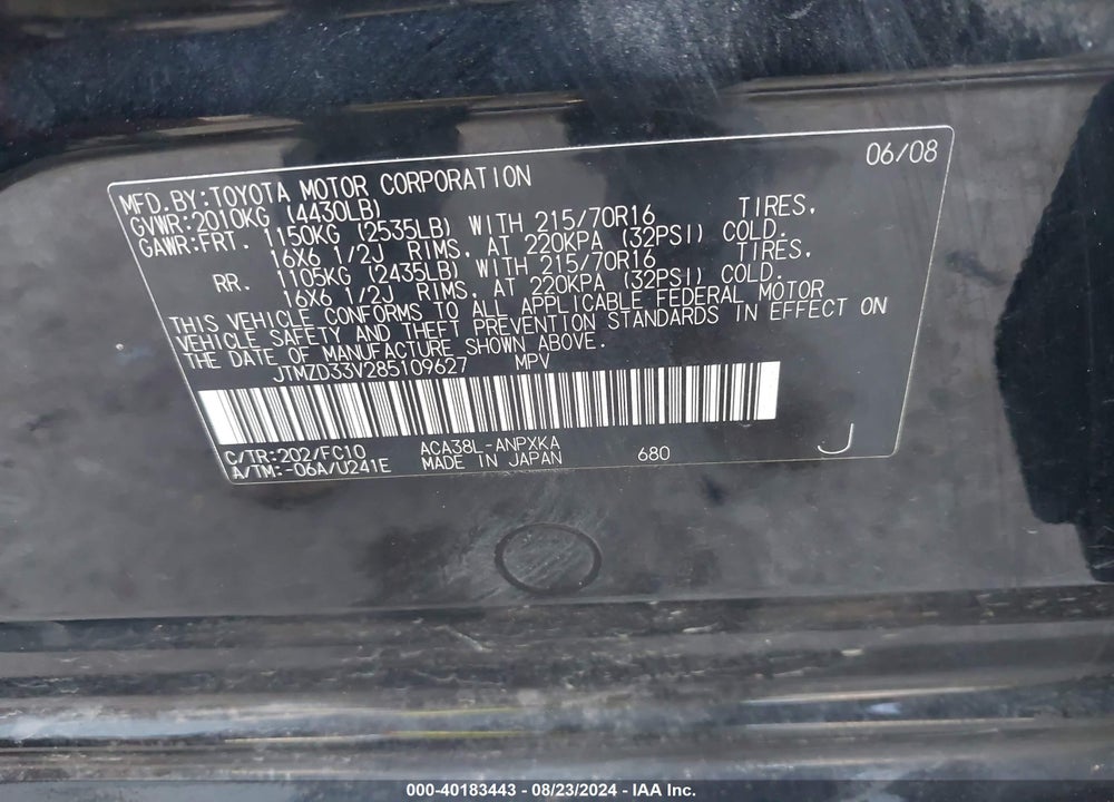 2008 TOYOTA RAV4 VIN: JTMZD33V285109627