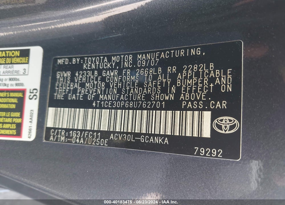 2008 TOYOTA CAMRY SOLARA SE/SLE/SPORT VIN: 4T1CE30P68U762701
