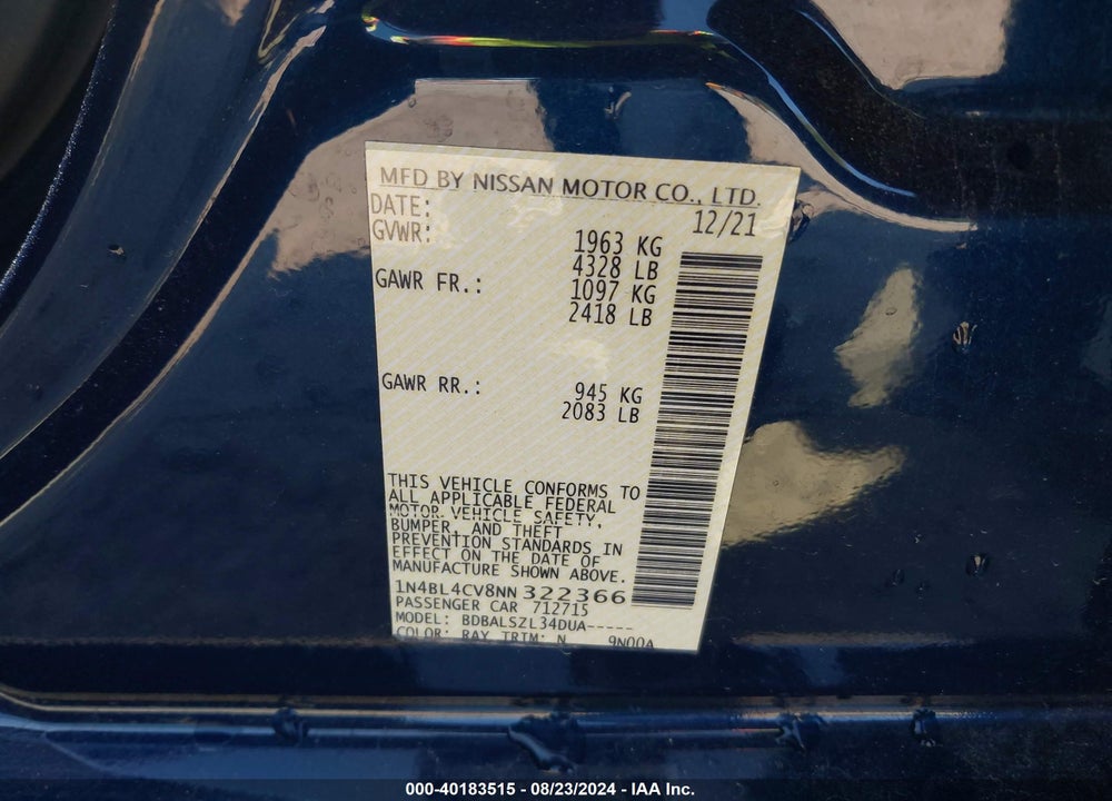 2022 NISSAN ALTIMA SR FWD VIN: 1N4BL4CV8NN322366