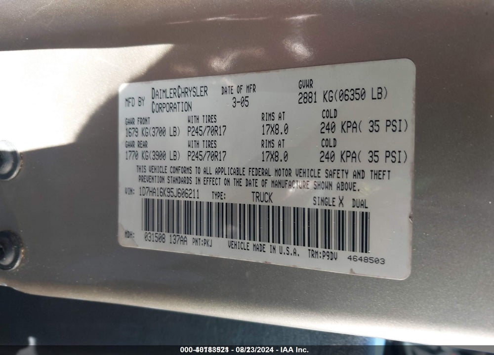 2005 DODGE RAM 1500 VIN: 1D7HA16K95J606211