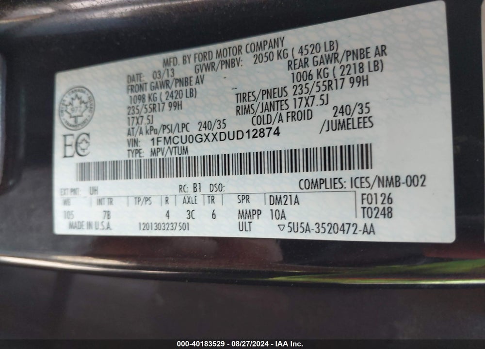 2013 FORD ESCAPE SE VIN: 1FMCU0GXXDUD12874
