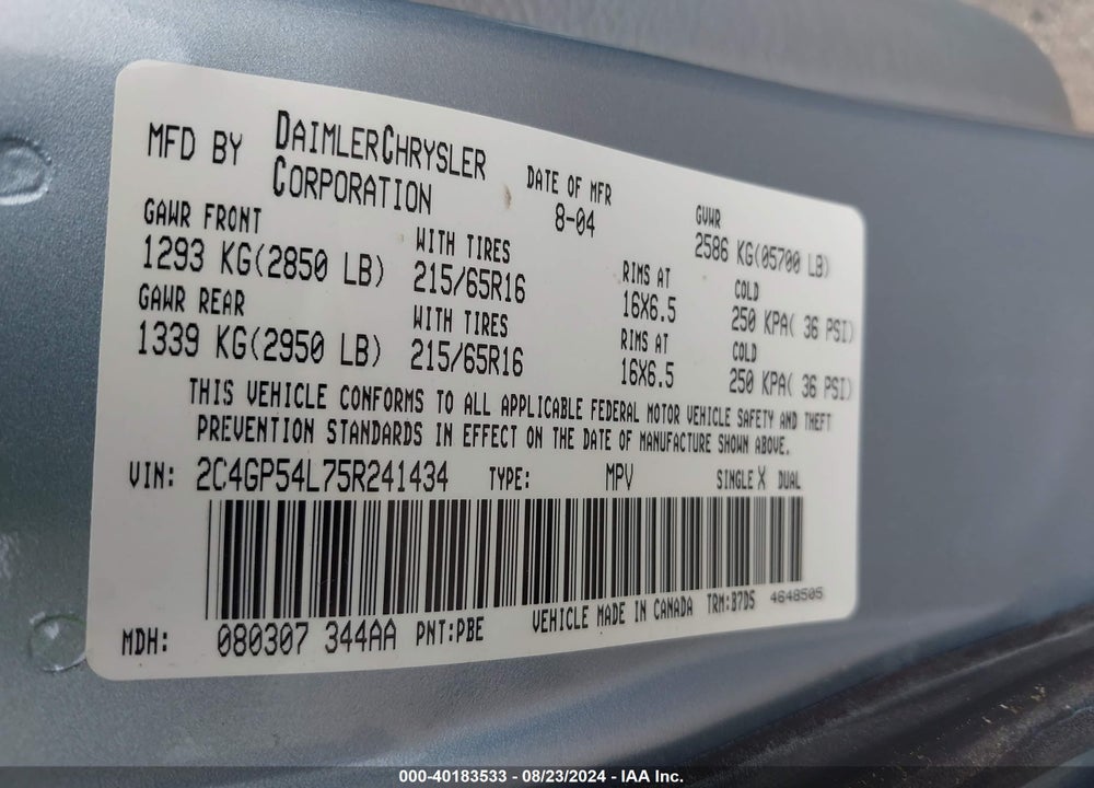 2005 CHRYSLER TOWN & COUNTRY TOURING VIN: 2C4GP54L75R241434