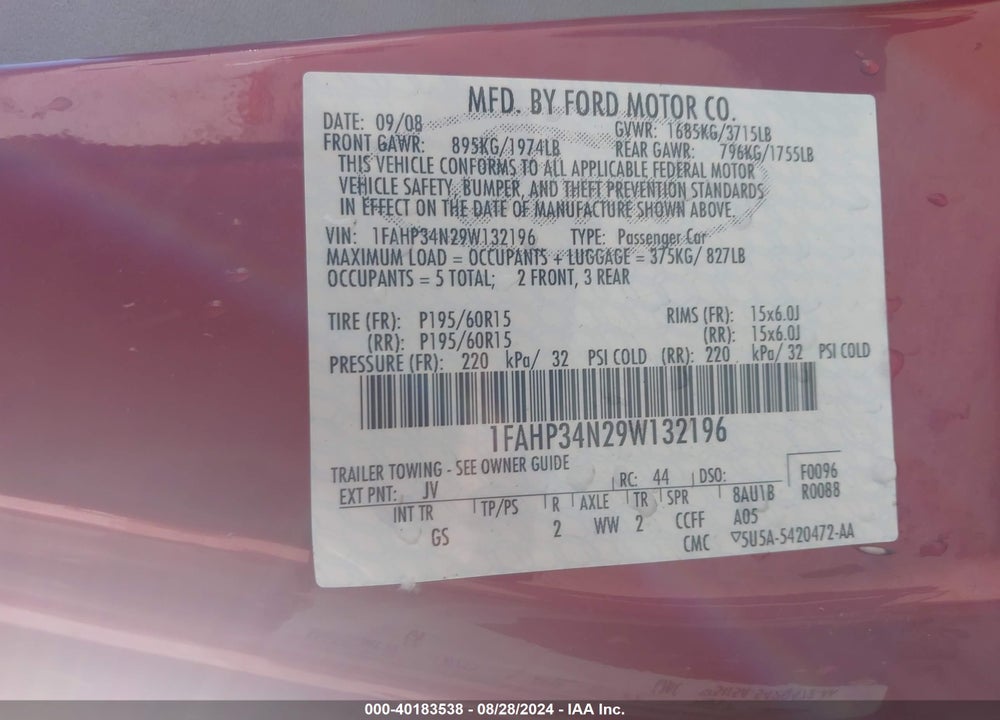 2009 FORD FOCUS S VIN: 1FAHP34N29W132196
