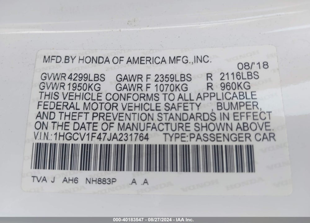 2018 HONDA ACCORD EX VIN: 1HGCV1F47JA231764
